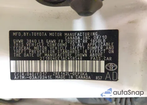2010 Toyota Corolla S from USA, damaged, VIN 2T1BU4EE1AC458548